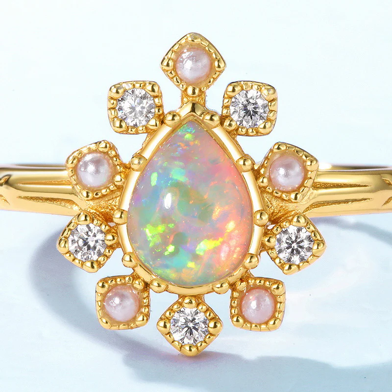 Teardrop Opal and Pearl Ring
