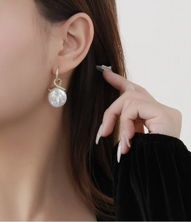 Zircon And Pink Flat Pearl Earrings