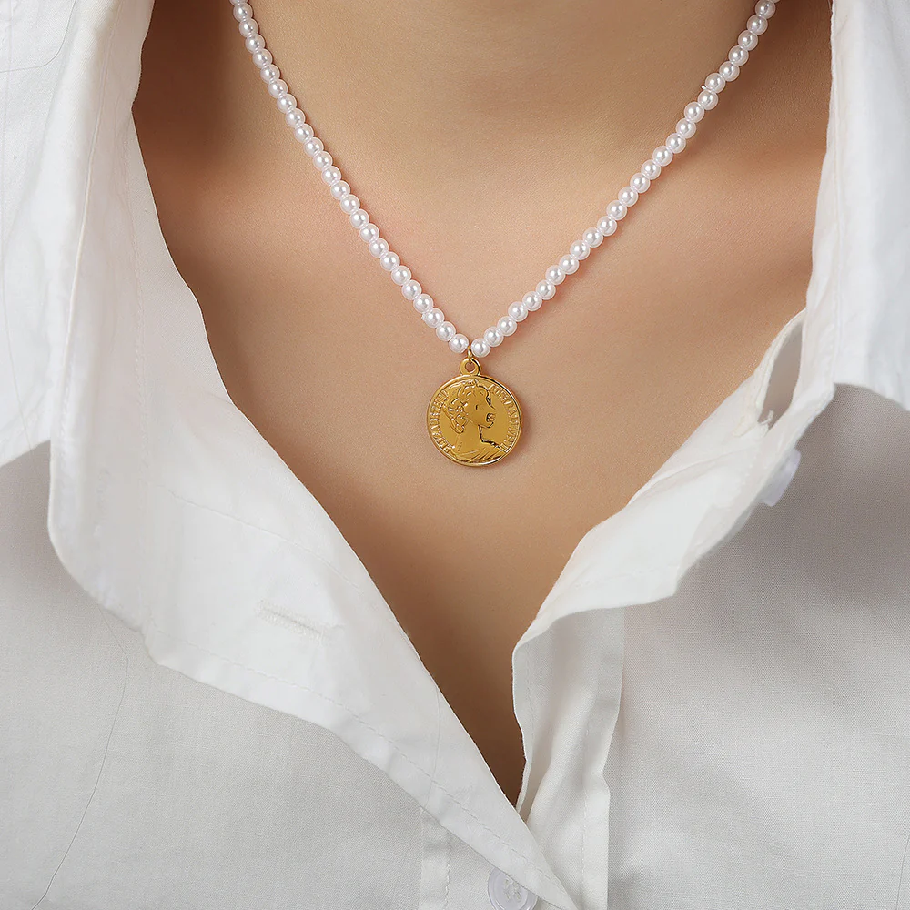 Pearl Necklace With Gold Round Portrait Pendant