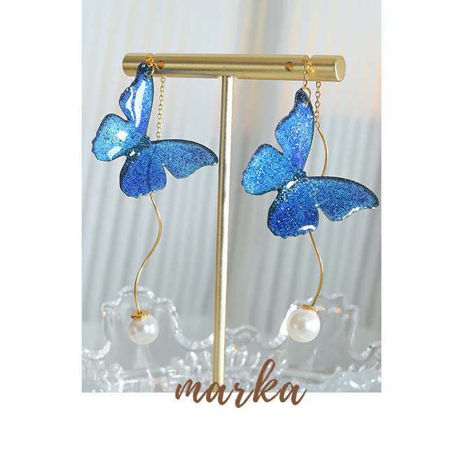 Pearl Drop Linear Blue Butterfly Earrings
