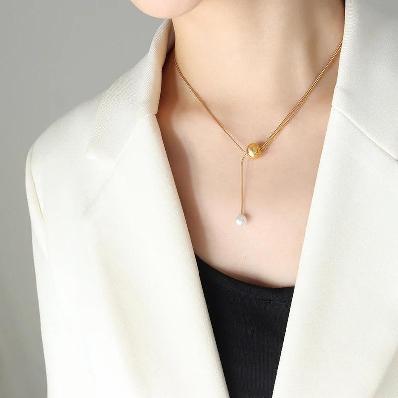 Adjustable Gold Snake Chain Pearl Drop Necklace