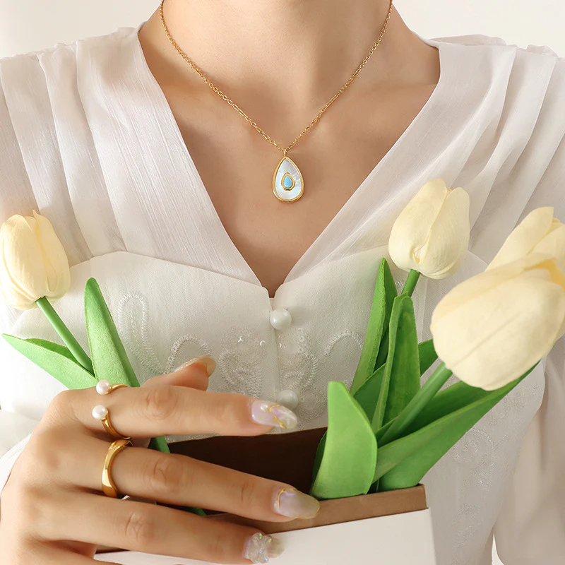 Teardrop Mother of Pearl Inlay Opal Pendant Necklace