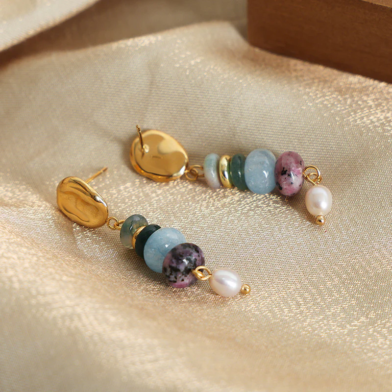 Colored Natural Stone Freshwater Pearl Drop Earrings