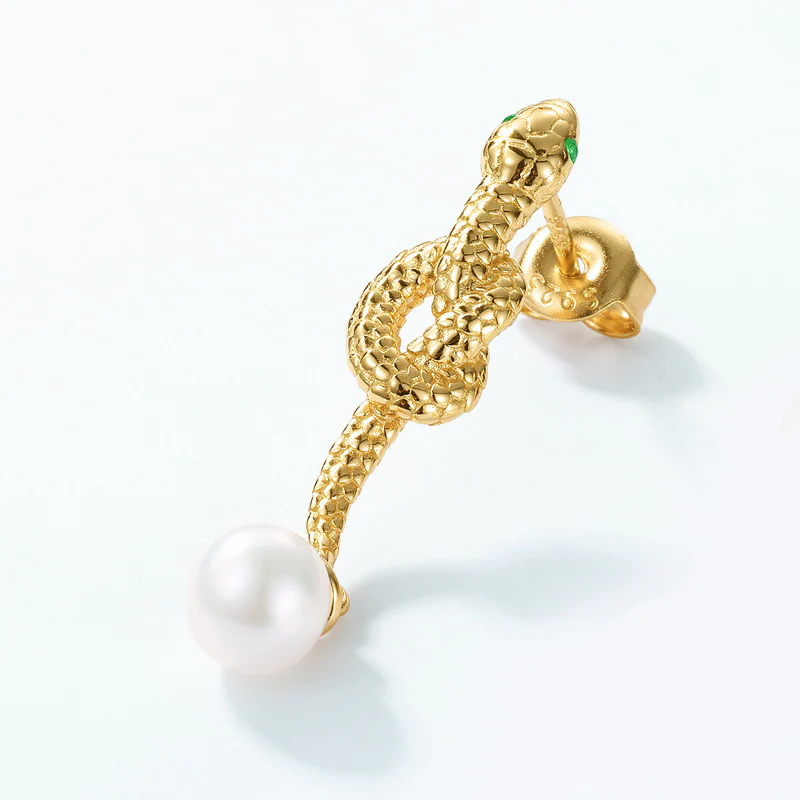 Pearl Dangle Green Eye Gold Snake Earrings