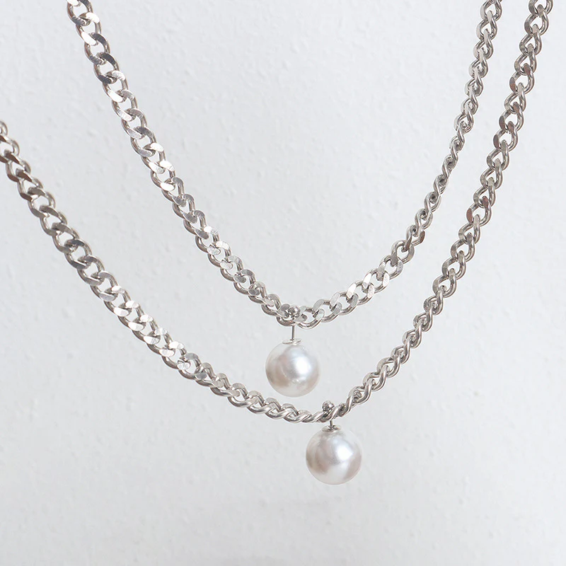 Silver Cuban Chain With A Detachable Pearl Pendant Necklace