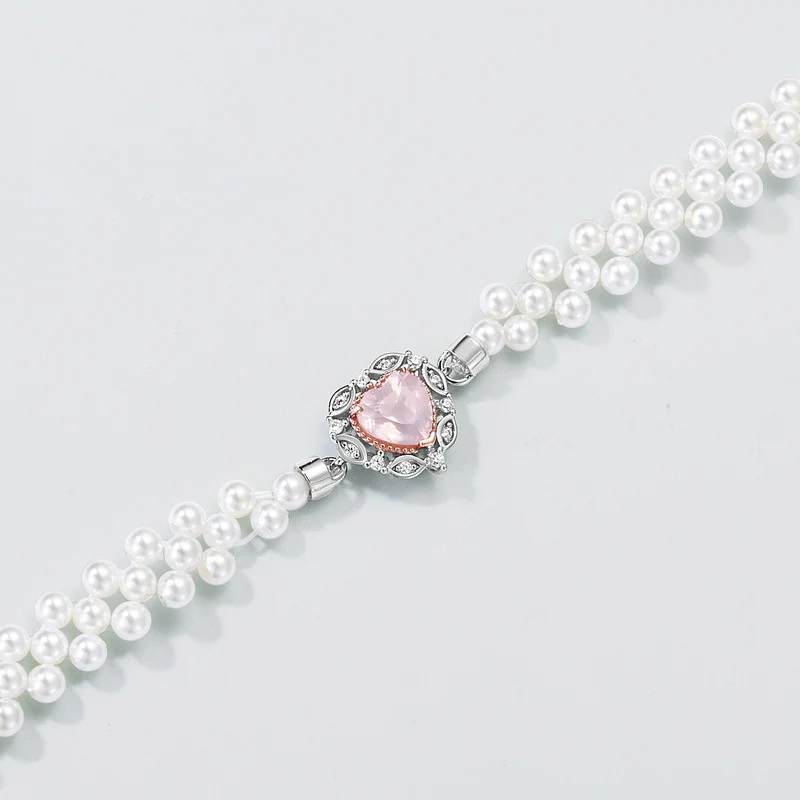 Girly Princess Natural Pink Crystal Love Heart Pearl Bracelet