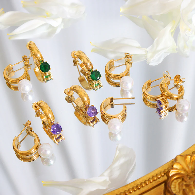 AB Asymmetrical Green Purple Zircon Pearl Earring