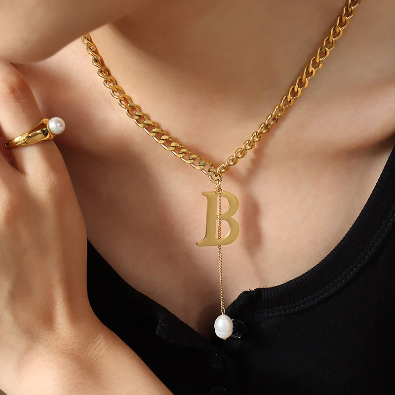 Letter B Pearl Drop Pendant Thick Flat O Chain Y Necklace