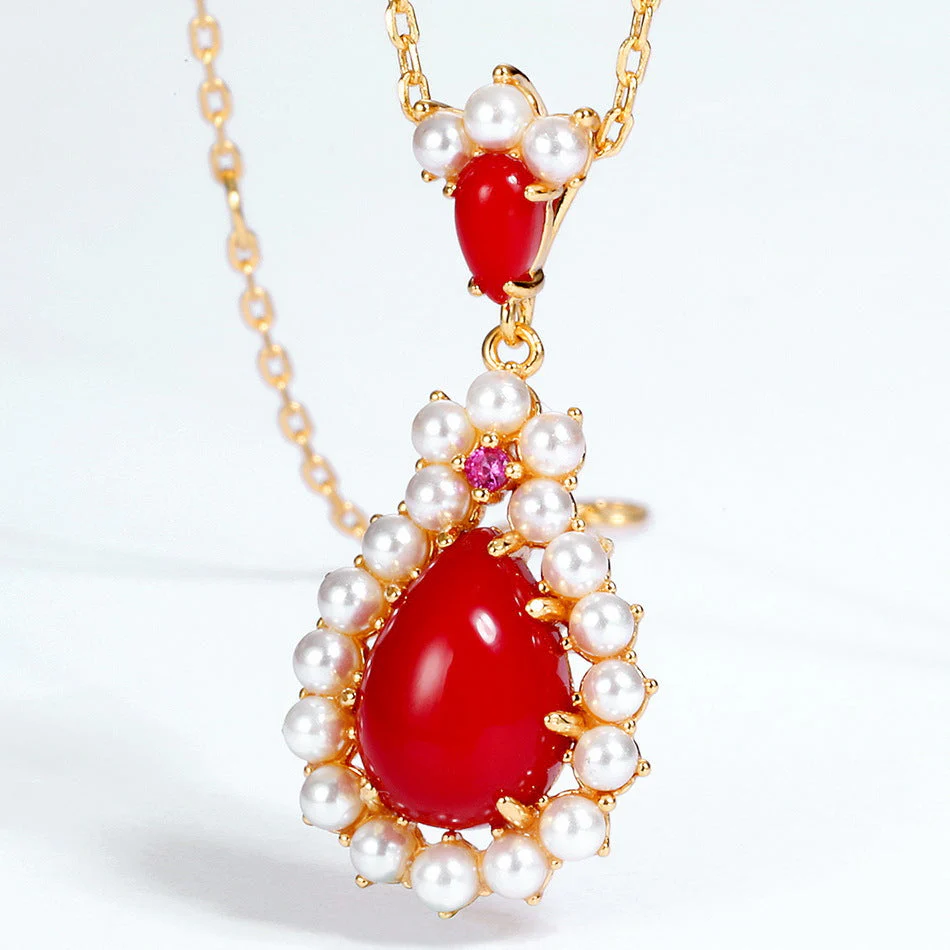 Pearl Teardrop Red Coral Pendant