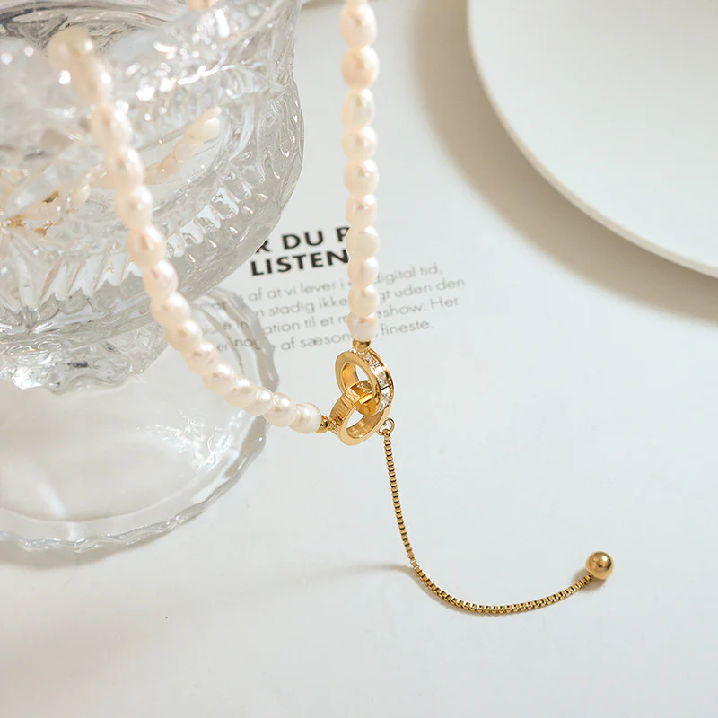 Two Rings Buckle Drop Pendant Freshwater Pearl Y Necklace