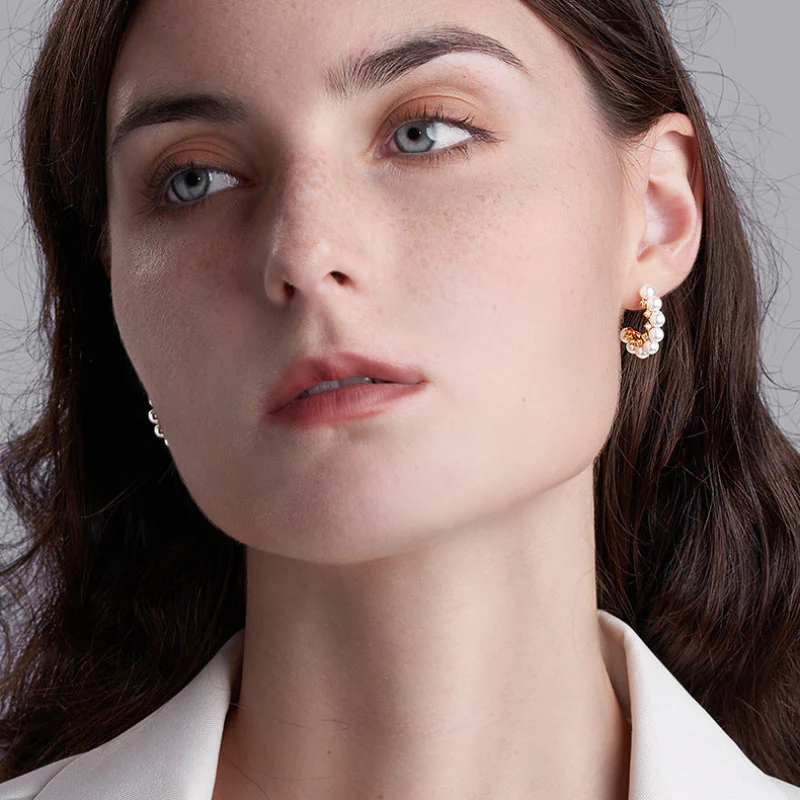 Pearl Half Hoop Earrings With Diamond