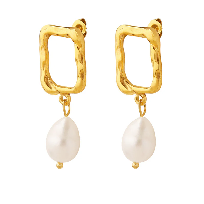Debossed Gold Rectangle Pearl Drop Earrings