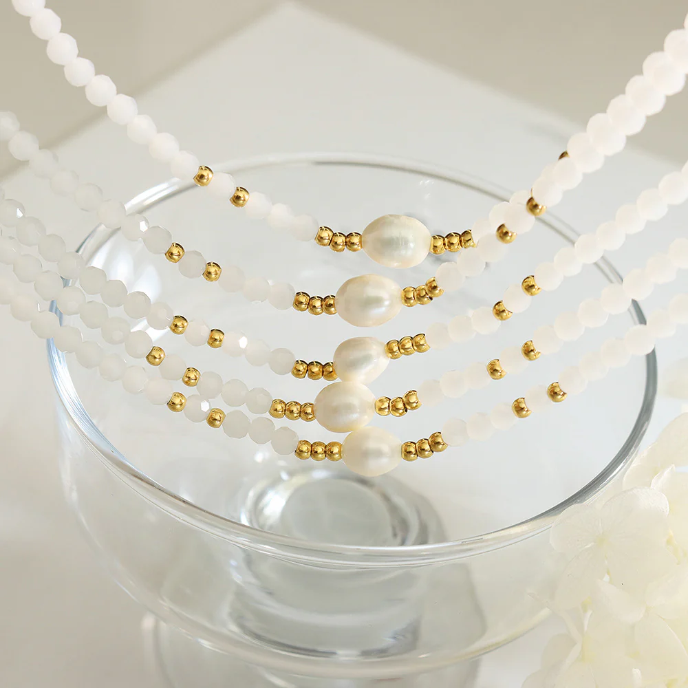 White Glass Beads and Freshwater Pearl Beaded Necklace