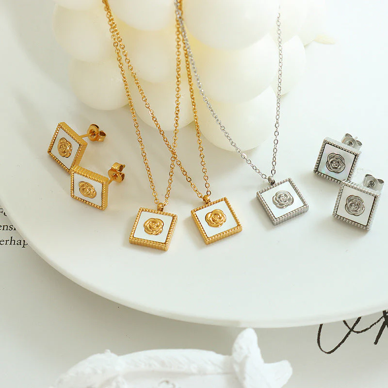 White Sea Shell Inlay Rose Square Pendant Necklace Earring Set