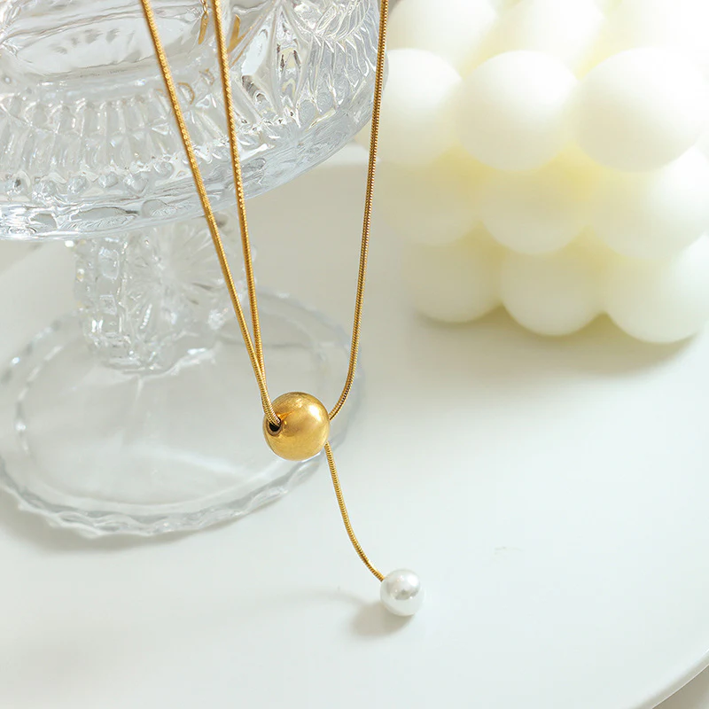 Adjustable Gold Snake Chain Pearl Drop Necklace