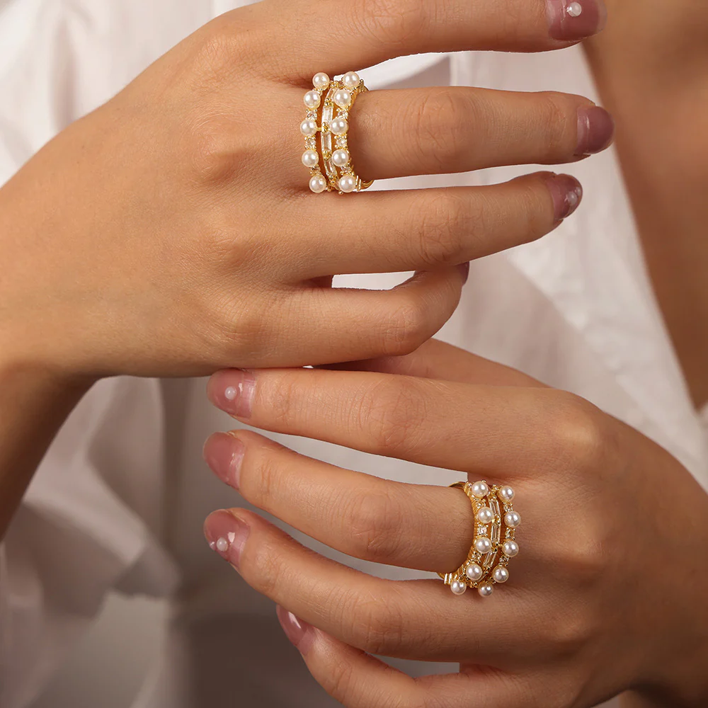 Dainty Diamond Two Row Pearl Ring