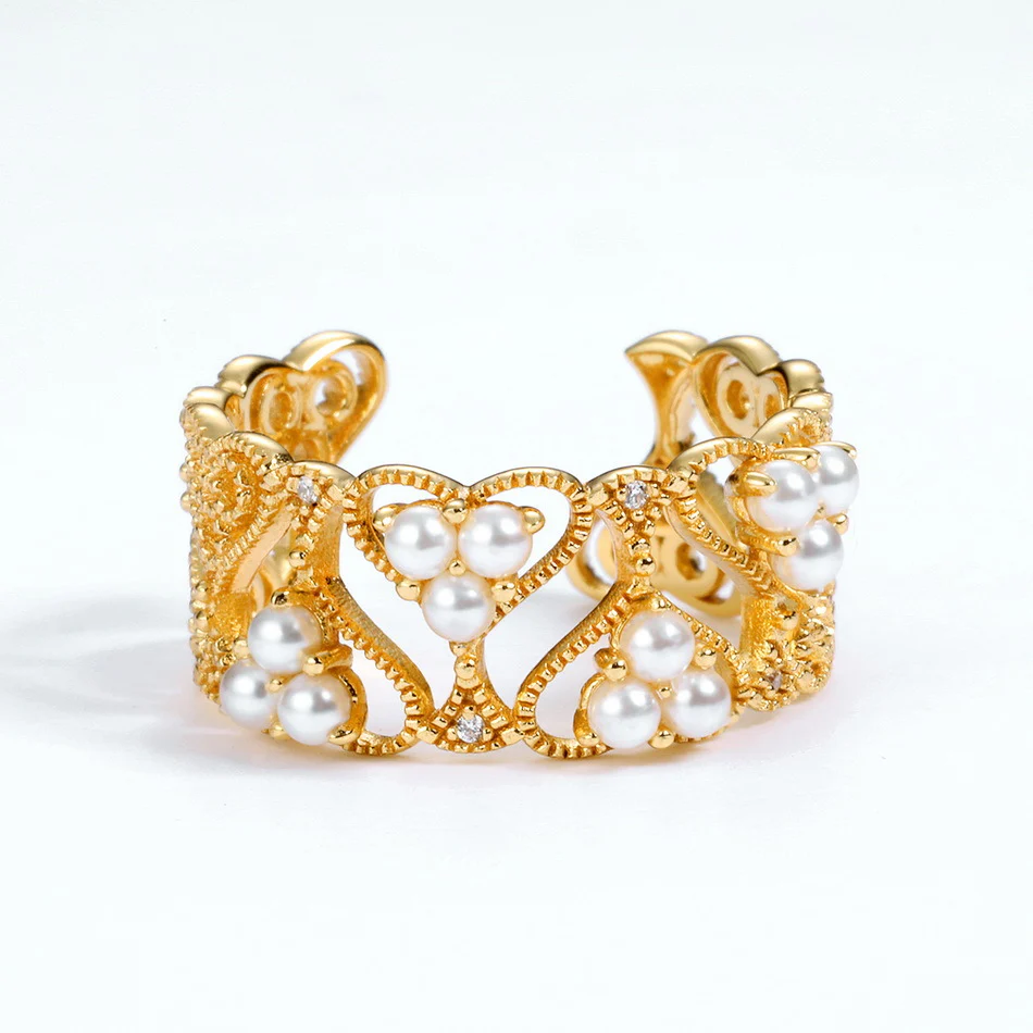 Hollow Lace Heart Pearl Ring