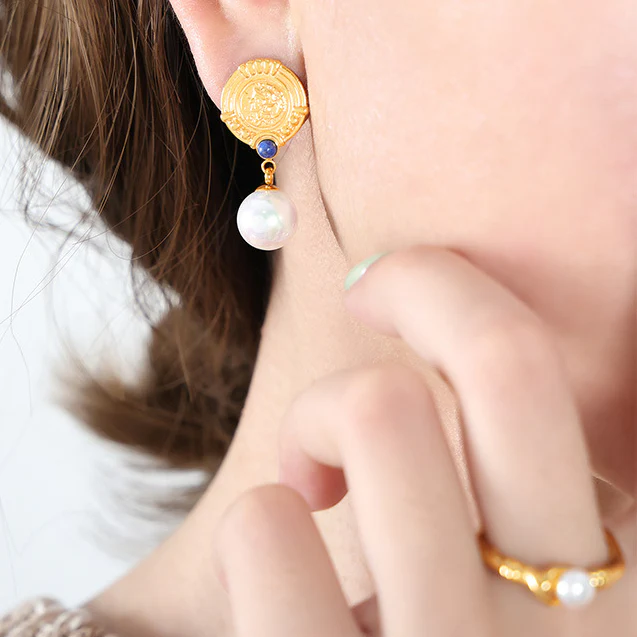 Vintage Blue Jade and Dangle Pearl Earring