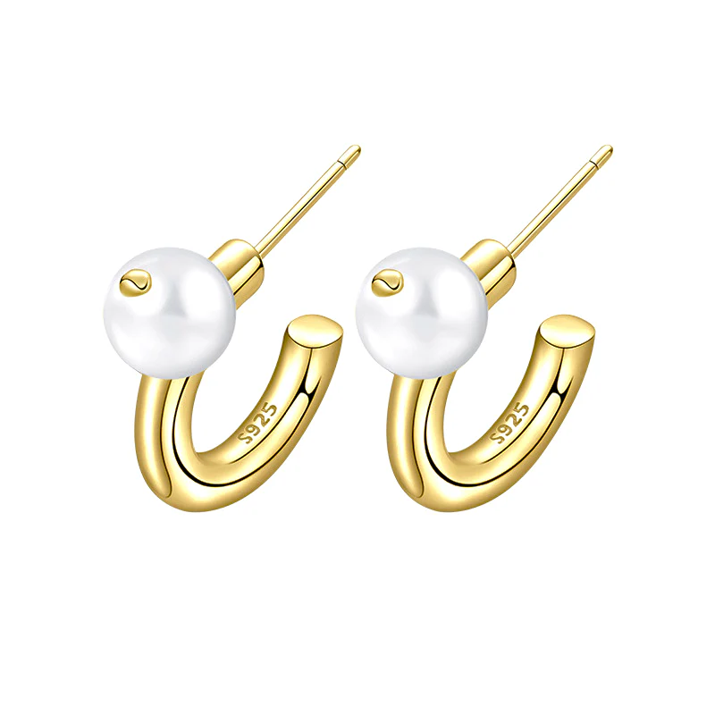 Simple C Hoop Pearl Stud Earrings