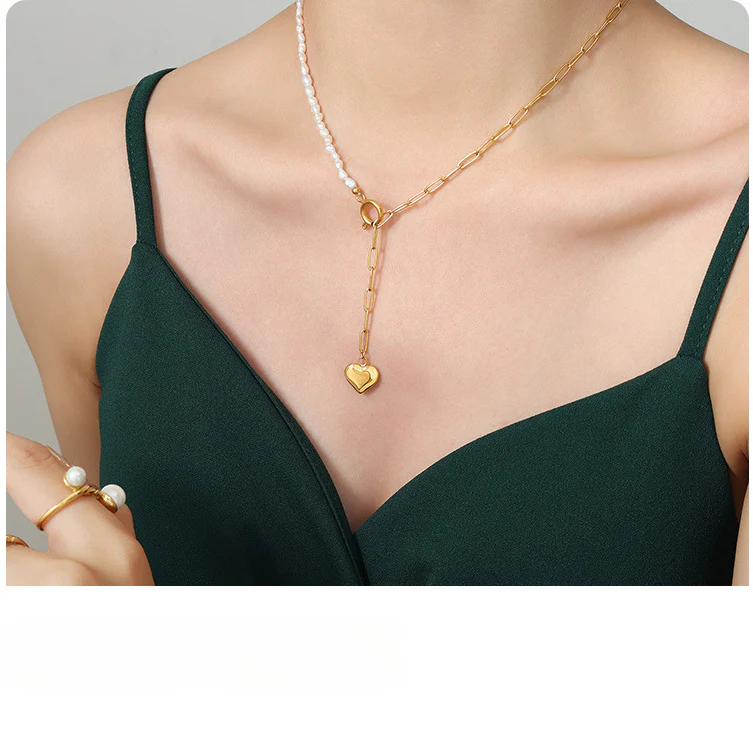 Adjustable Half Pearl Half Chain Heart Necklace
