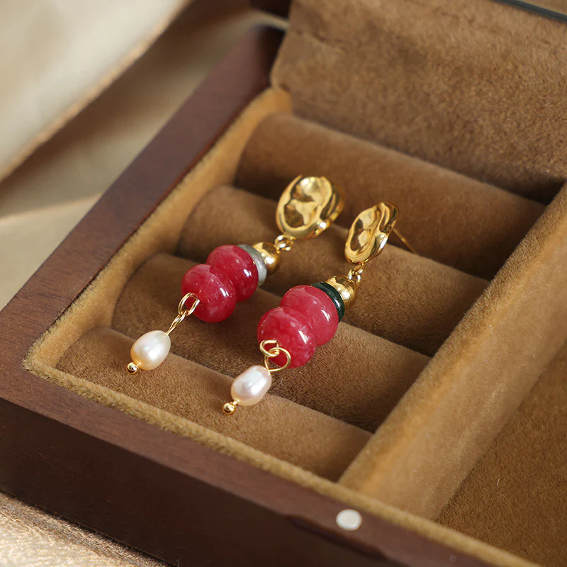 Colored Natural Stone Freshwater Pearl Drop Earrings