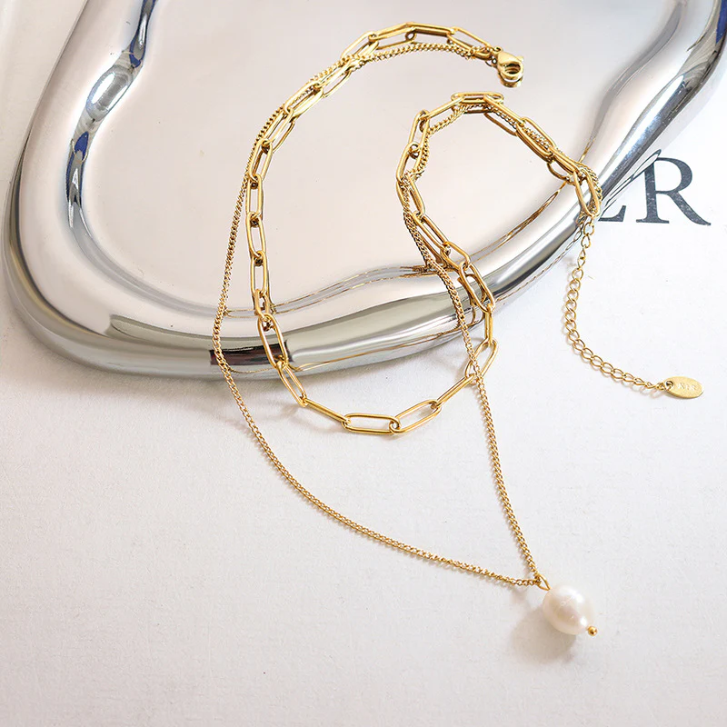 Influencer Paperclip Stacked Necklaces With Pearl Pendant