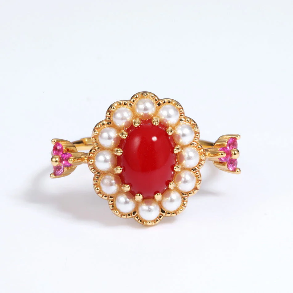 Red Coral Pearl Ring