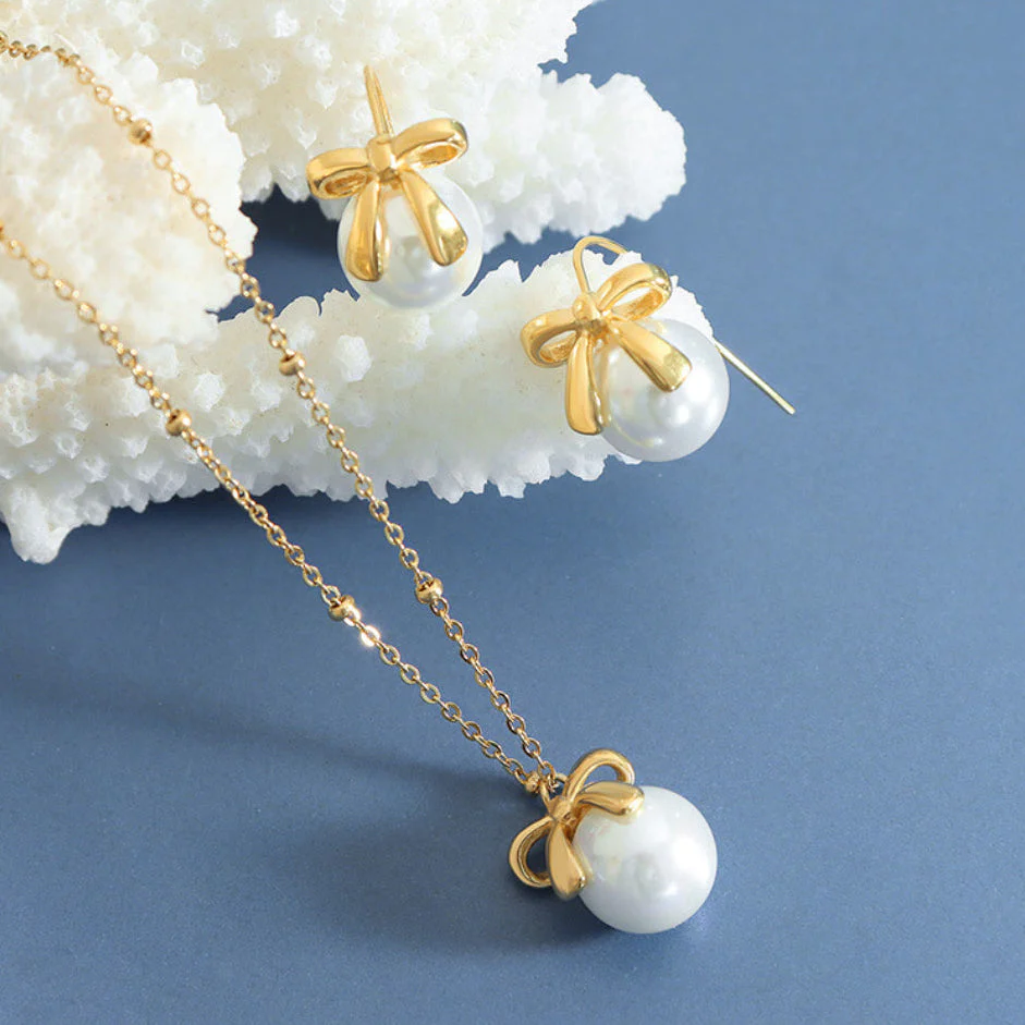 Bowknot Pearl Necklace and Earring Set