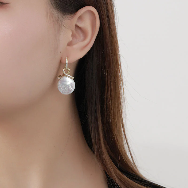 Zircon And Pink Flat Pearl Earrings