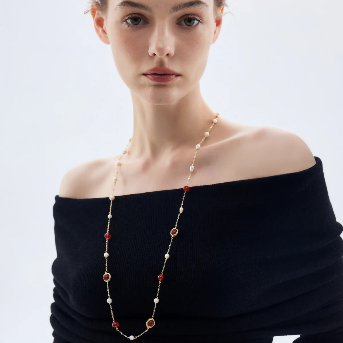 Long Natural Red Agate Freshwater Pearl Necklace