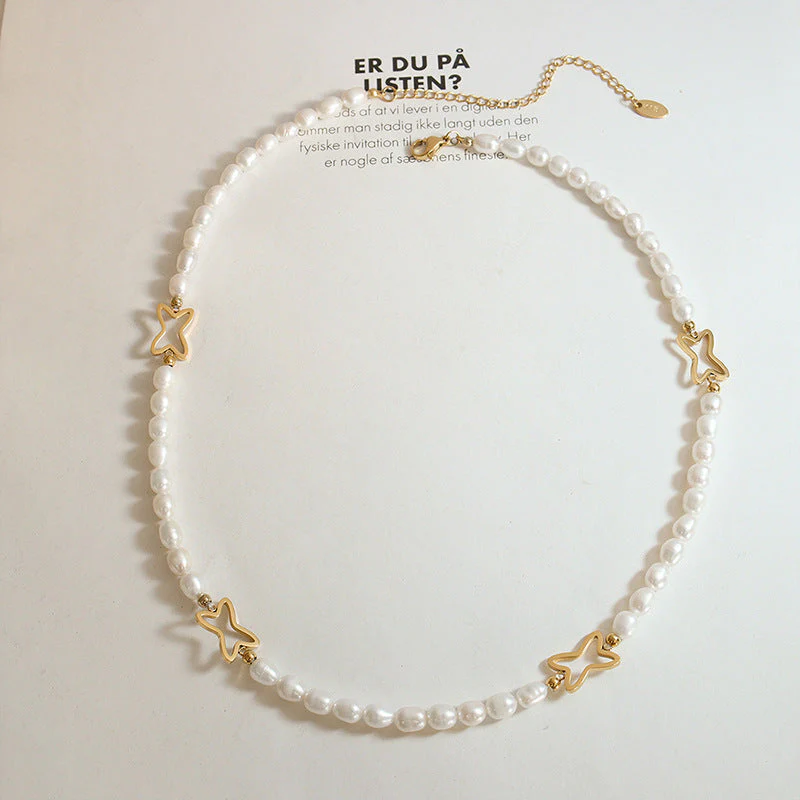 Hollow Geometric Star Stitching Freshwater Pearl Necklace