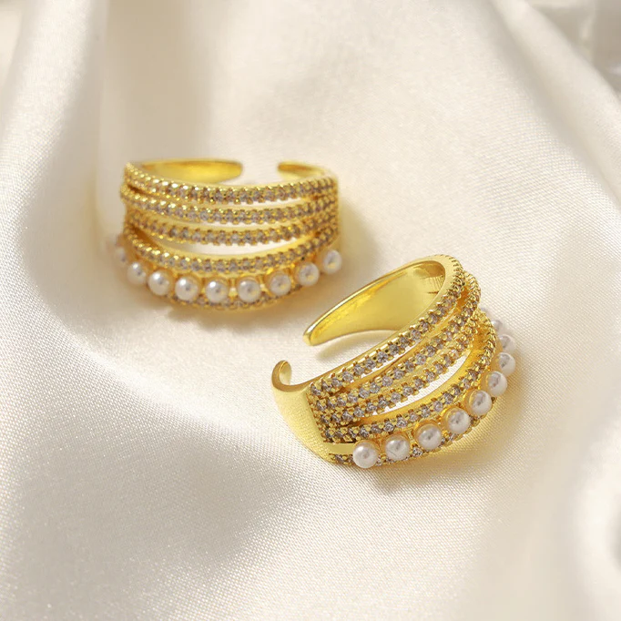 Open Diamond and Pearl Ring