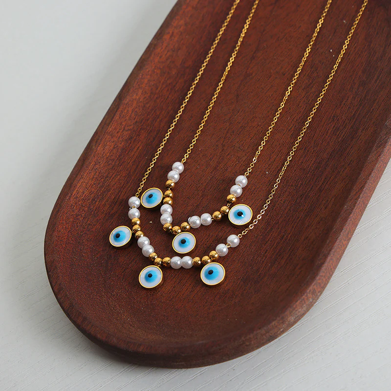 Floating Pearl and Evil Eye Necklace