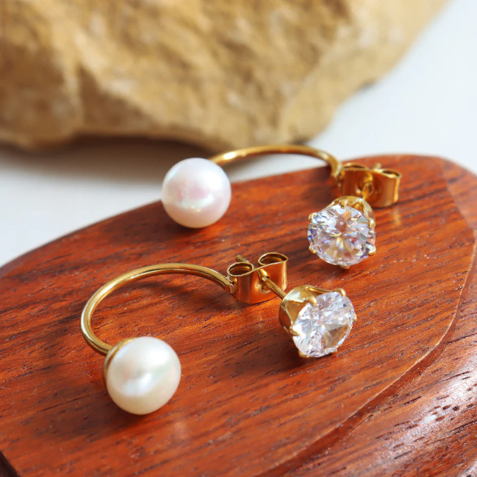 Two Wear Ways Zircon and Pearl Stud Earring