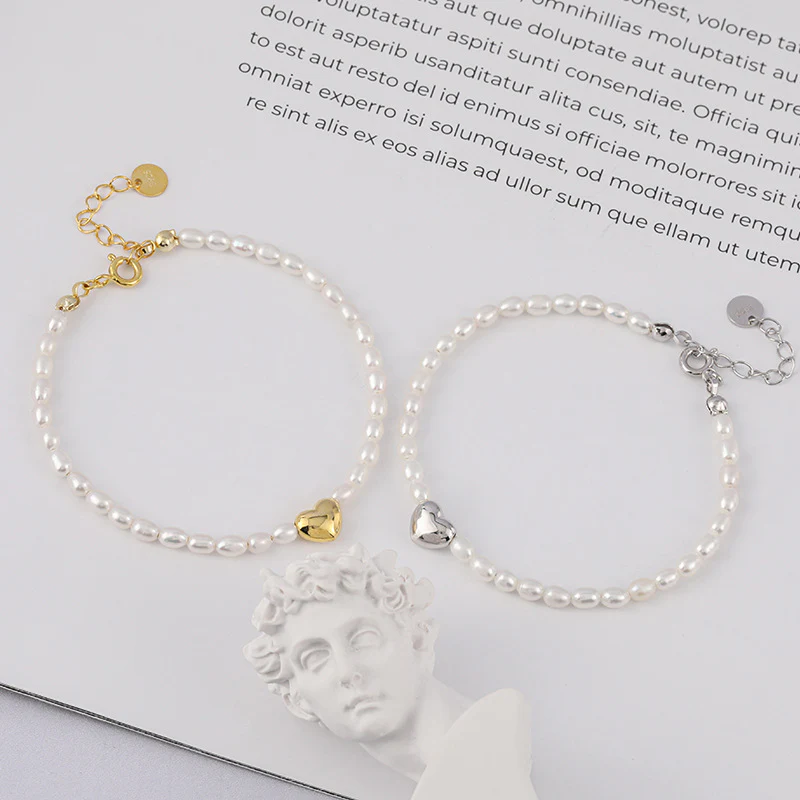Super Thin Rice Pearl Bracelet with A Heart