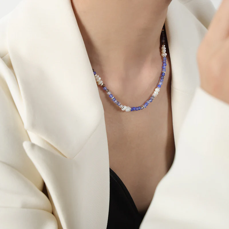 Blue Purple Natural Agate Freshwater Pearl Beaded Necklace