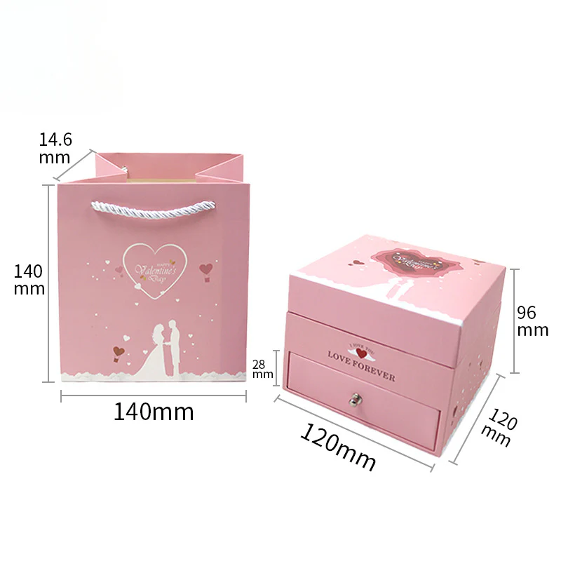 Dreamy Pink 9 Roses Preserved Flower Ring Earring Necklace Jewelry Box