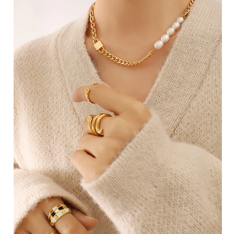 Hip Hop Unisex Pearls Stitching Thick Chain Necklace