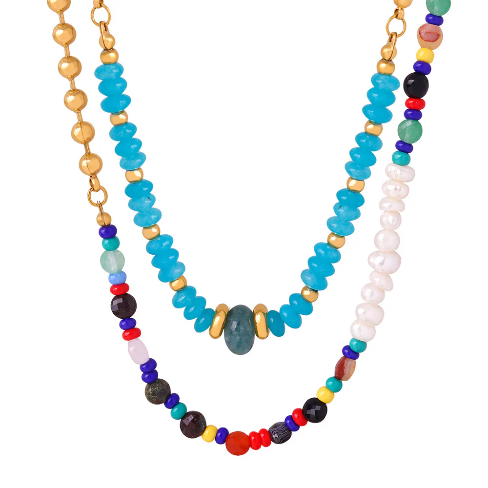 Blue Stone and Freshwater Pearl Bead Necklace