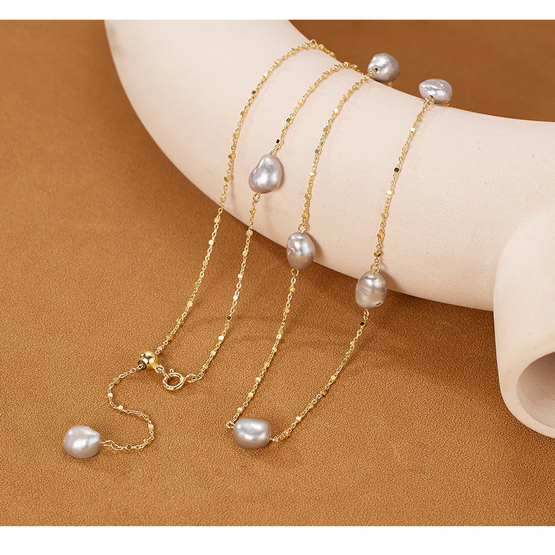 Long Pullable Natural Grey Baroque Pearl Necklace