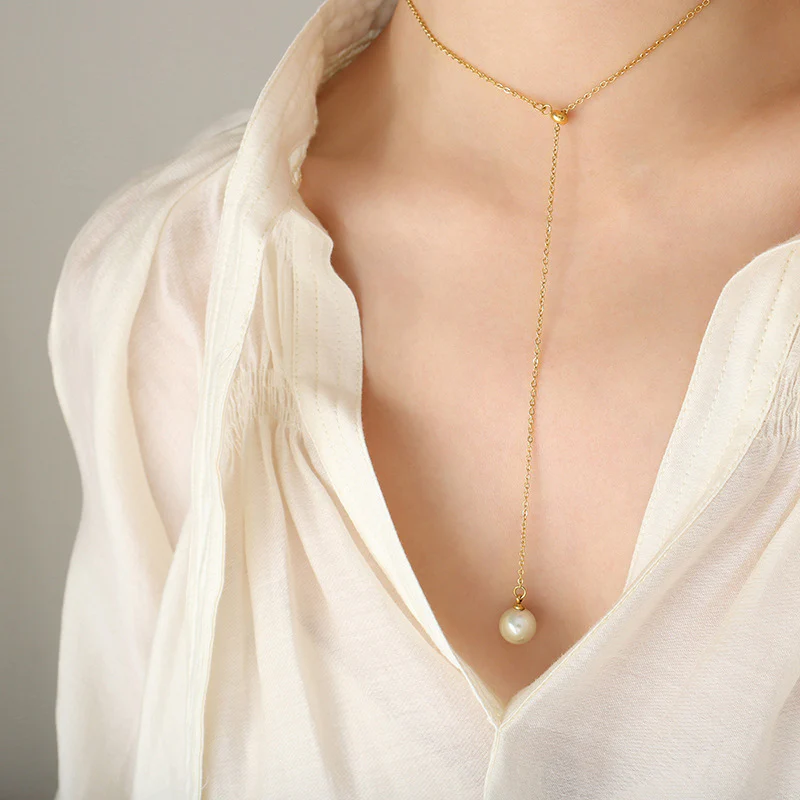 Pearl Drop Y Adjustable Pull Chain Necklace