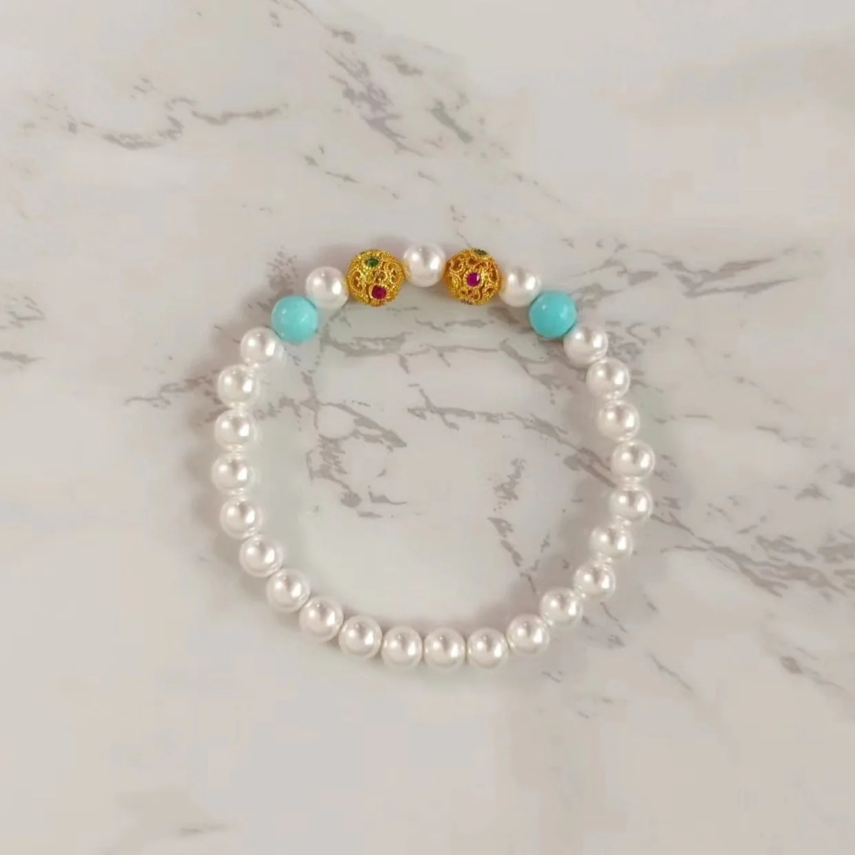 Handmade Elastic Turquoise Pearl Bracelet