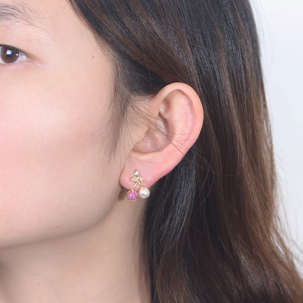 Zircon Cherry Earrings Pearl Studs