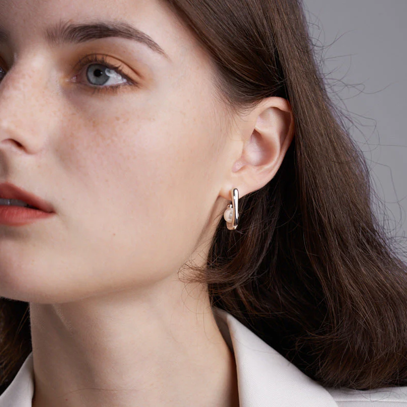 Geometric Earrings Pearl Studs