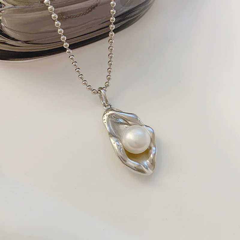 Lava Pearl Pendant Silver Bead Chain Necklace