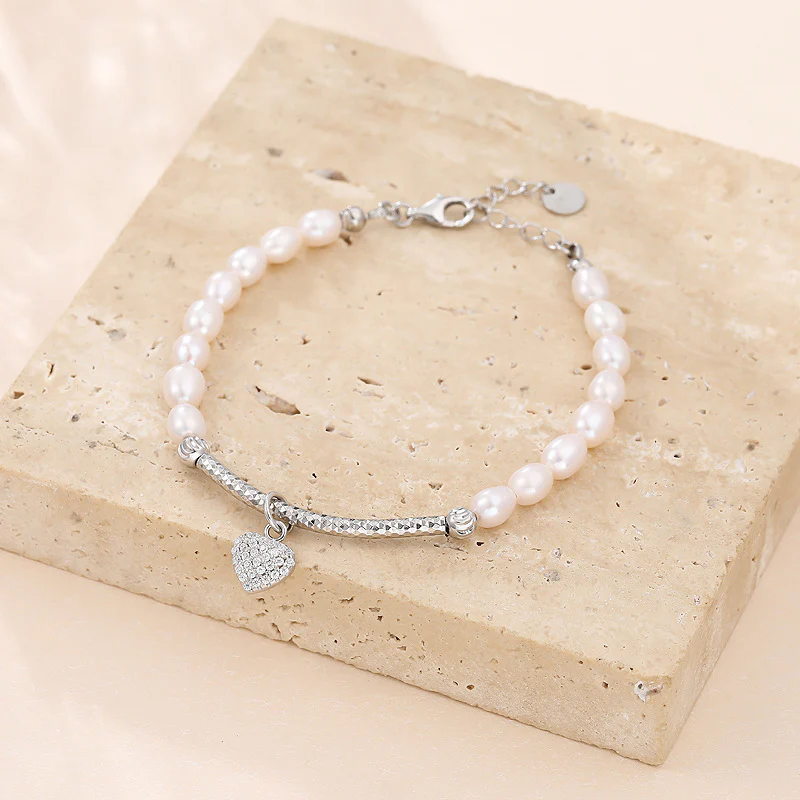 Rice Pearl Bracelet With Love Heart Charm