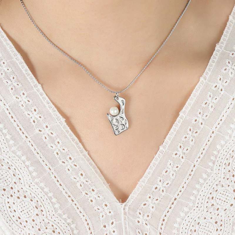 Geometric Irregular Debossed Pearl Inlay Pendant Necklace and Earring Set