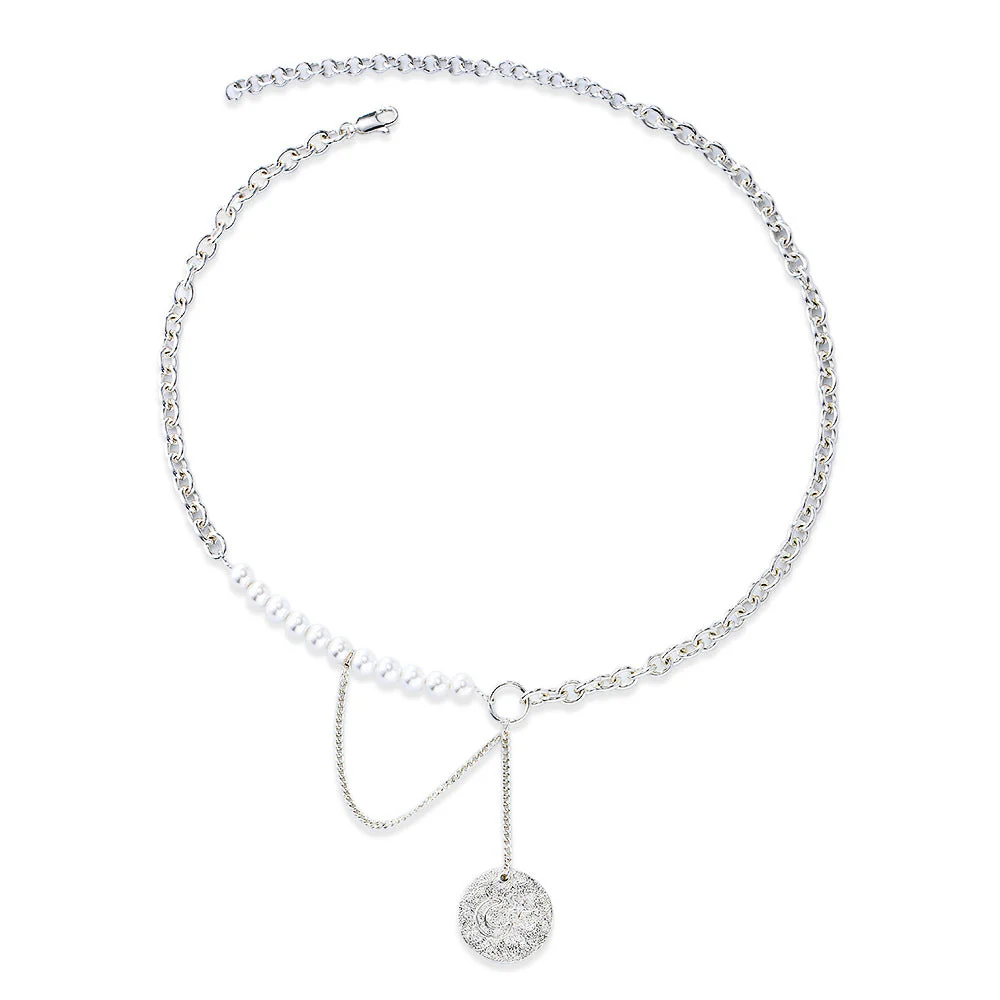 Pearl Necklace Embossed Coin Pendant