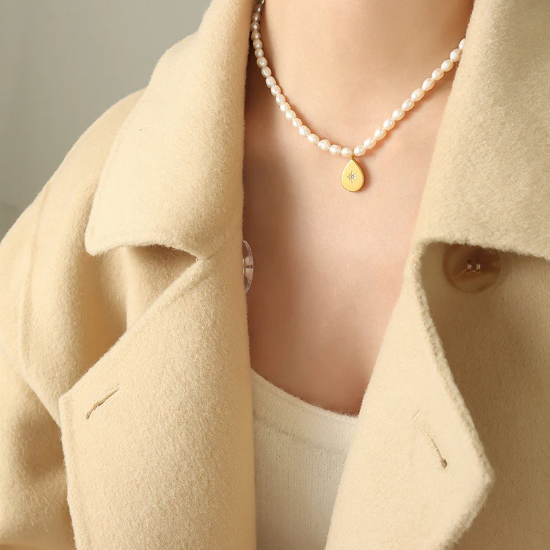 Teardrop North Star Inlay Zircon Pendant Freshwater Pearl Necklace