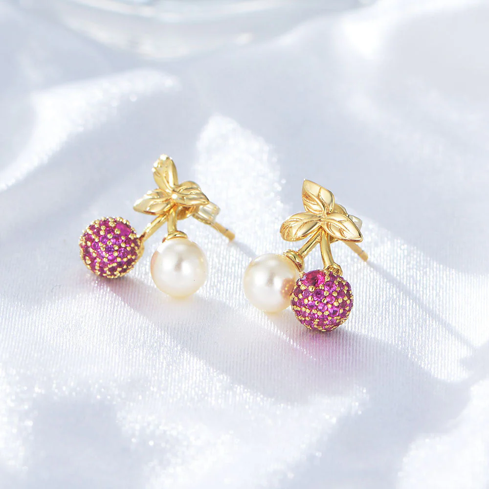 Zircon Cherry Earrings Pearl Studs